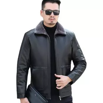 Очень большая кожаная куртка, мужская цельная меховая куртка из овчины с лацканами, зимняя куртка M чёрный