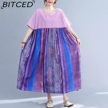 Очень большого размера женское летнее литературное ретро-печатное хлопковое платье с короткими рукавами и тонкой свободной юбкой One Size светло-фиолетовый