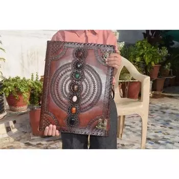 Очень большой кожаный блокнот ручной работы с семью камнями для письма, большой эскиз 10 x 13 in коричневый