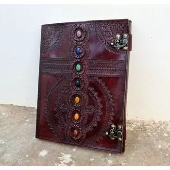 Очень большой кожаный журнал с семью камнями, Кожаная гостевая книга, Книга теней, Кожаный гримуар. 13 x 10 in коричневый