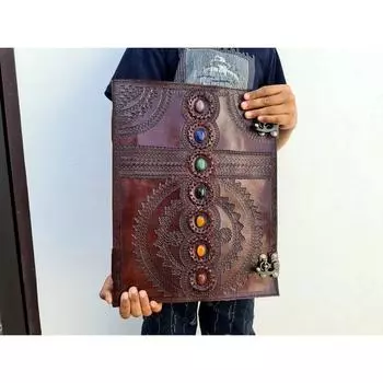 Очень большой кожаный журнал с семью камнями, Кожаная гостевая книга, Книга теней, Кожаный гримуар. 13 x 10 in коричневый