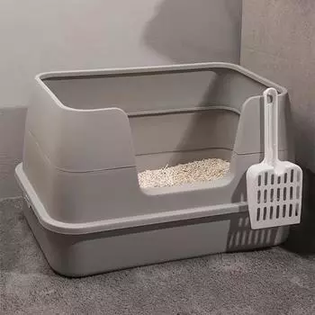 Очень большой ящик для кошачьего туалета с пластиковым совком, ящик для кошачьего туалета с высоким забором, кошачий туалет с легкой очисткой и защитой от брызг, туалет для домашних животных с лопаткой для туалета серый