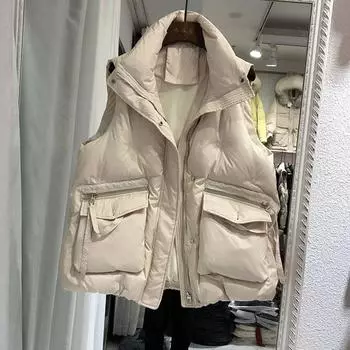 Очень большой размер 100 кг пуховый хлопковый жилет женский осенне-зимний короткий воротник-стойка для прикрытия мяса и ношения безрукавки куртка 2 M [recommended 85-52.5kg