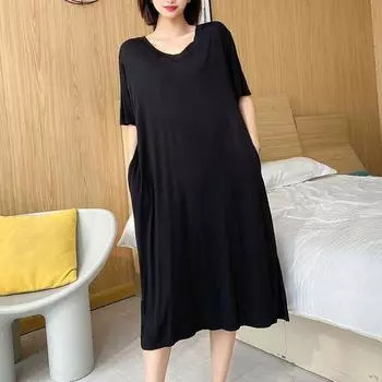 Очень большой размер летнее свободное домашнее платье с карманом тонкий V-образный вырез с короткими рукавами пижама однотонная длинная домашняя одежда большого размера 3XL XXXL чёрный