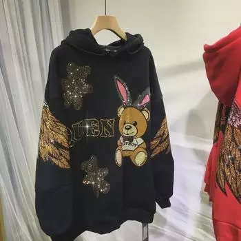 Очень большой свитер на бархатной подкладке с милым рисунком медведя и стразами XL красный