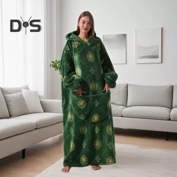 Очень длинная толстовка-одеяло для женщин и мужчин, большое мультяшное одеяло с капюшоном, теплое фланелевое одеяло с рукавами и гигантским карманом темно-зеленого