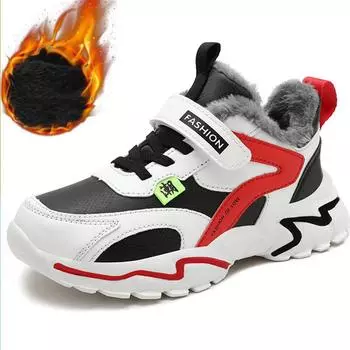 Очень легкая хлопковая обувь для больших мальчиков, зимняя хлопковая обувь для мальчиков, детские бархатные теплые зимние ботинки, нескользящая хлопковая обувь 28 чёрный/красный