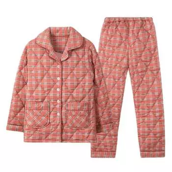 Очень плотная пижама женская осень-зима 100% хлопок с подкладкой домашняя одежда для среднего возраста домашний костюм с V-образным вырезом сетчатая пижама M
