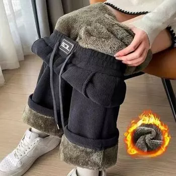 Очень толстые утепленные широкие брюки женские, осень и зима повседневные свободные высокие прямые брюки L темно-серого