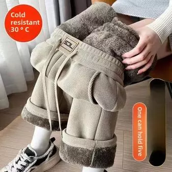 Очень толстые утепленные широкие брюки женские, осень и зима повседневные свободные высокие прямые брюки M хаки