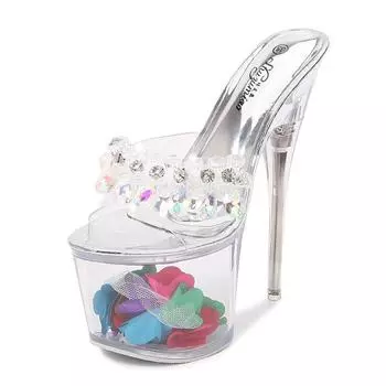 Очень высокие каблуки, непромокаемые прогулочные туфли на тонком каблуке, танцевальная обувь на платформе, прозрачные туфли из стальной трубы, серия 10366, размер 17 см 34 серебряный