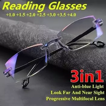Очки для чтения без оправы для мужчин и женщин, бифокальные, увеличительные очки с защитой от синего света, пресбиопия 1.5 чёрный