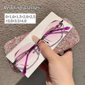Очки для чтения без оправы для женщин, модные очки для пресбиопии с алмазной огранкой, очки с линзами для дальнозоркости, защищающими от синего света 0 серебряный