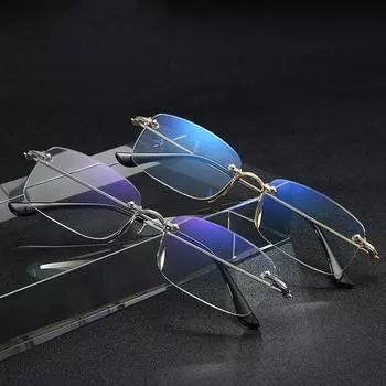 Очки для чтения без оправы Очки для чтения с синими линзами для борьбы с пресбиопией Модные очки для борьбы с пресбиопией с высокой четкостью и устойчивостью к радиационному утомлению из металла +4.0