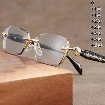 Очки для чтения, блокирующие синий свет, для женщин и мужчин, винтажные модные очки без оправы с бриллиантовой огранкой, очки по рецепту для лечения пресбиопии 0 золотой