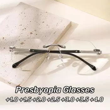 Очки для чтения Polygon Men Business Presbyopia Eyeglasses Rimless Cutting Reading Glasses Blocking Blue Light Computer Eyeglasses +1.0 To +4.0 +1.0 золотой