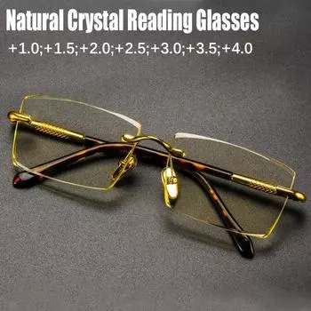 Очки для чтения с линзами из натурального хрусталя для мужчин и женщин, роскошные очки без оправы против усталости, очки для дальнозоркости, очки с диоптриями +4.00