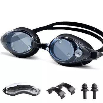 Очки для плавания под водой, беруши для носа, защита от ультрафиолета, регулируемый футляр в комплекте [воздушный трос] для детей/взрослых (Черный, -2.0) Очки, чёрный