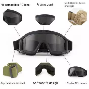 Очки для страйкбола, очки для пустынной саранчи, противотуманные защитные очки, ударопрочные тактические очки с 3 сменными линзами для езды на велосипеде на открытом воздухе зелёный