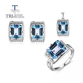 Oct9 * 11 мм, комплект ювелирных изделий из стерлингового серебра 925 пробы, натуральный небесно-голубой топаз, драгоценный камень, серьги, кольцо, кулон, ожерелье для женщин, изысканные ювелирные изделия us ring size 7# синий