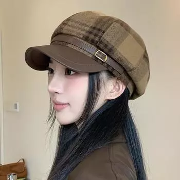 Octagonal Cap Female 2025 Fall and Winter New Arrival Retro Elegant Gingham British Painter Hat Face-Showing Small Peak Cap Beret Coffee Brown
