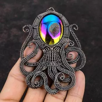 Octopus Titanium Druzy Pendant Copper Wire Wrapped Pendant Gemstone Designer Pendant Wrapped Handmade Pendant Copper Wire Jewelry