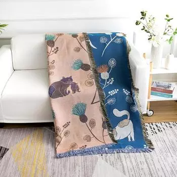Одеяло для дивана с рисунком кошки, домашнее одеяло для кондиционирования воздуха, одеяло с нитью, гобелен, трехслойное толстое хлопковое одеяло для дивана 130cm*180cm синий