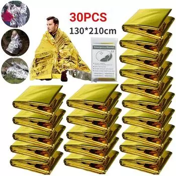 Одеяло для выживания на открытом воздухе, водонепроницаемое, SOS, первая помощь, золотистое, серебряное, спасательное, занавеска из фольги, термовоенное одеяло в стиле милитари 10pcs золотой