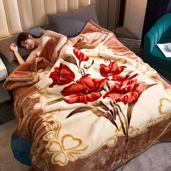 Одеяло из фланели Утолщенное цветочное набивное двухслойное Сохранение тепла Легкое в уходе Машинная стирка Максимальный комфорт Двустороннее очень большое одеяло