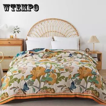 Одеяло из хлопка с цветочным рисунком - гипоаллергенное всесезонное дышащее многослойное одеяло с полотняным переплетением, покрывало на диван, простыня 150x200cm