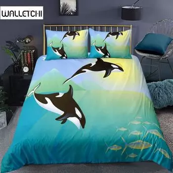 Одеяло-кит с двумя кроватями размера «king-size», для детей и подростков, с изображением семьи косаток, с изображением матери и ребенка, плавающих в океане, комплект пододеяльников из полиэстера EU single(135x200cm)