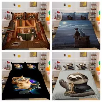 Одеяло, пододеяльник, комплект постельного белья с изображением кота, енота, птицы, животного, домашний текстиль Single 135x200cm
