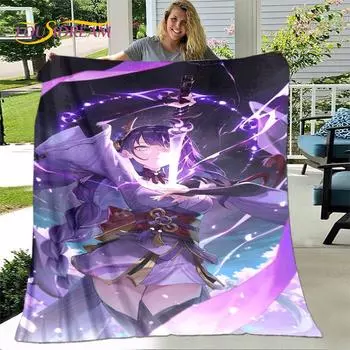 Одеяло с 3D мультфильмом Genshin Impact, фланелевое одеяло, мягкое теплое одеяло для гостиной, спальни, кровати, дивана, подарок 75x90cm