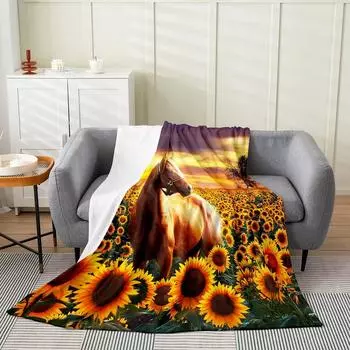 Одеяло с изображением лошади и подсолнуха, фермерское животное, цветочные пледы на все времена года, дикая природа, мягкое фланелевое одеяло для дивана для детей и мальчиков 70x100cm-XS