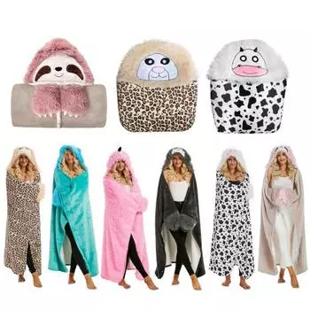 Одеяло с капюшоном, носимый плюшевый плащ с капюшоном, теплое удобное одеяло с ленивцем One Size C