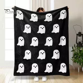 Одеяло с кондиционером, мультяшное привидение, вязаное жаккардовое, в стиле Хэллоуина, фланелевое, портативное, идеальное для релаксации, двухсторонний дизайн, для использования в любое время года, для общежития серый
