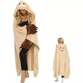 Одеяло с ленивцем, Мягкое одеяло с рукавами, Женщины, Портативное одеяло, Одеяло для дивана, Ленивец, Узоры с милыми животными, Фланель, Подарки для женщин бежевый