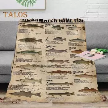 Одеяло с рыбными знаниями, разные цифровые изображения рыб и их имен, машинная стирка, 3 размера, подарок любителю рыбалки, фланелевая кровать, диван, кушетка S