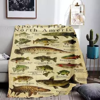 Одеяло с рыбными знаниями, разные виды рыб и их названия, для любителей рыбалки, можно стирать в стиральной машине