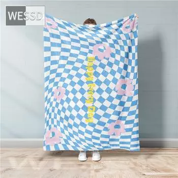 Одеяло в шахматном порядке, синее, зеленое, милое мультяшное одеяло, пушистое фланелевое портативное пляжное одеяло, декоративное покрывало на кровать 80x100cm