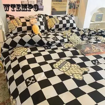 Одеяло в шахматном стиле в американском стиле ретро, четырехсекционное двойное хлопковое постельное белье для общежития 2.0m
