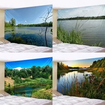 Одеяло в стиле ар-деко, занавеска для спальни, гостиной, украшения, озера, воды, голубого неба, заката, настенный гобелен 100x75cm
