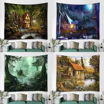 Одеяло в стиле арт-деко, занавеска для дома, спальни, гостиной, декор, психоделический лесной домик, настенный гобелен с прудом 100x75cm