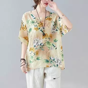 Одежда больших размеров Топы Рубашки с коротким рукавом O-образный вырез Повседневная свободная одежда Топ с цветочным принтом Женская хлопковая льняная блузка One Size