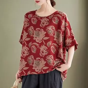 Одежда больших размеров Топы Рубашки с коротким рукавом O-образный вырез Повседневная свободная одежда Топ с цветочным принтом Женская хлопковая льняная блузка One Size