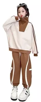 Одежда длинная корейская для девочек с длинным рукавом спортивная верхняя и нижняя часть 120 130 140 150 160 170 см верхняя и нижняя часть одежда милый подарок для начальной школы кофейный