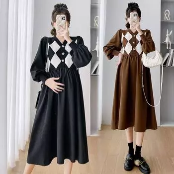 Одежда для беременных, модное тонкое платье большого размера с длинными рукавами, платье для беременных M