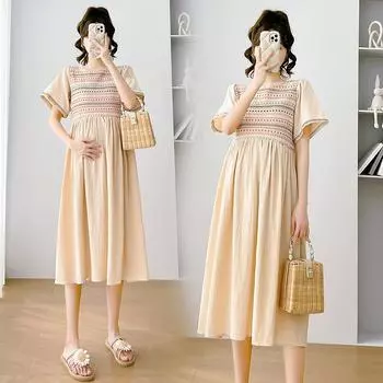 Одежда для беременных Платье большого размера Платье для беременных Летнее платье M абрикосовый