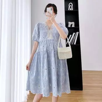 Одежда для беременных Платье большого размера Платье для беременных Летнее платье M синий