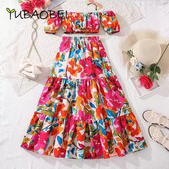 Одежда для больших детей, летняя модная блузка на одно плечо с принтом для девочек, топы и длинная юбка, комплекты из 2 предметов для 8, 9, 10, 11, 12 лет 8Y